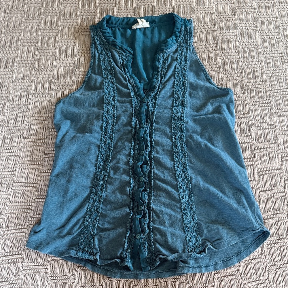 100% Cotton Meadow Rue Teal Lace-Trim Button Tank